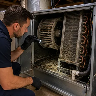 HVAC technician inspecting a residential air handler with buildup on blower wheel and evaporator coil