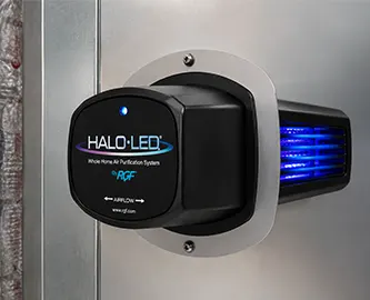 HALO LED whole-home air purification system installed inside residential HVAC ductwork in Tampa Bay