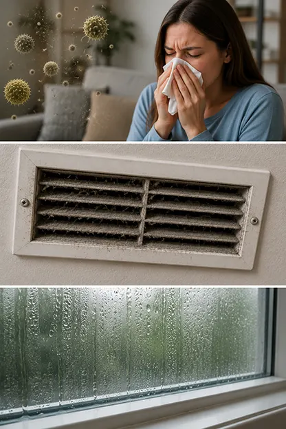 Common indoor air quality problems including allergy symptoms, dirty air vents, and excess humidity inside a Florida home