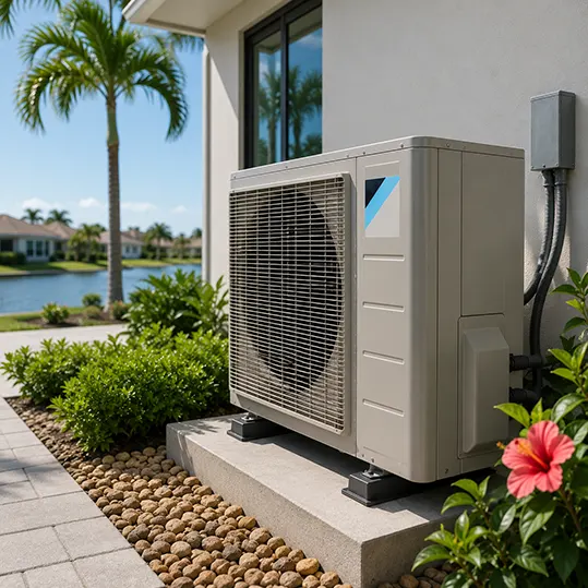 Compact Daikin Fit outdoor HVAC unit installed beside a modern Florida home with tropical landscaping.