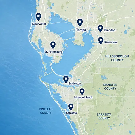 Map of Greater Tampa Bay highlighting HVAC installation and replacement service areas across Tampa, Clearwater, St. Petersburg, Bradenton, Sarasota, Brandon, and Riverview