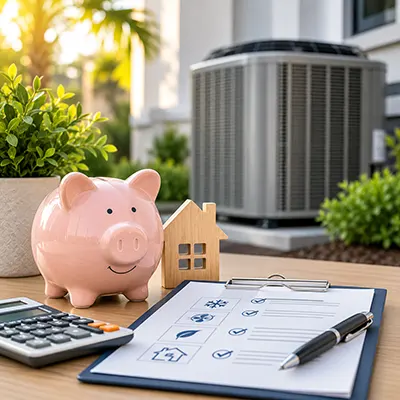 Homeowner financing concept for a new HVAC installation with air conditioner, calculator, and home model