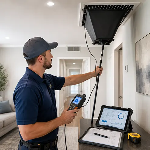 HVAC technician performing a system sizing and airflow assessment in a Florida home