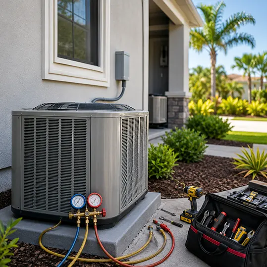 Professional HVAC installation with new air conditioning system, tools, and system testing equipment at a Florida home